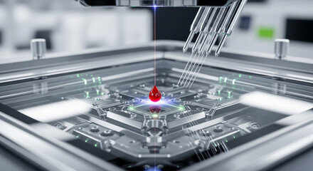 Fototapeta premium Innovative technology in lab setting with droplet of liquid