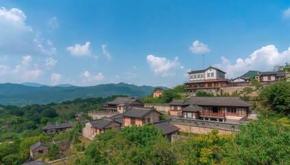 Wuyuan Huangling Scenic Spot sky with buildings and landscape, seasonal change