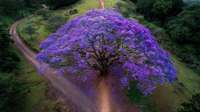 Stunning aerial view of a vibrant purple jacaranda tree in full bloom