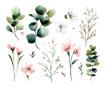 Watercolor botanical elements and flowers isolated on transparent background