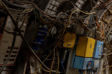 Heavy tools and equipment inside an underground mine, with steel chains, pneumatic hoses, and supply lines in active use. The scene shows industrial work conditions, mining technology, and harsh subte