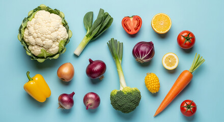 Flat lay of diverse fresh vegetables and fruit on a blue background, representing healthy eating, balanced diet, and fresh produce concept