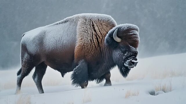 Majestic Bison Navigating a Frosty Winter Landscape