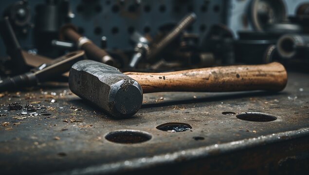 Hammer with wooden handle, tool for repair and maintenance