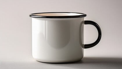Minimalist White Enamel Mug With Black Rim On A Clean Surface Soft Lighting Highlights Its Glossy Finish Evoking Vintage Charm And Simplicity