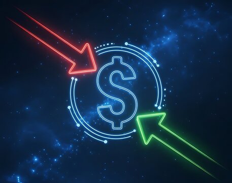 Digital money transfer concept with dollar sign and arrows in neon style on blue background. transfer. - Powered by Adobe