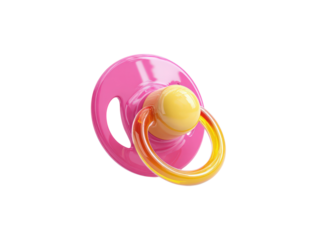 A pink and yellow baby bottle with a yellow ring