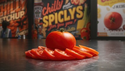 Sliced tomatoes experiencing heat and spice, featuring ketchup branding