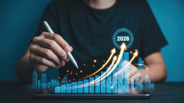 Businessman analyzing upward financial graph and city skyline for 2026 growth - Powered by Adobe