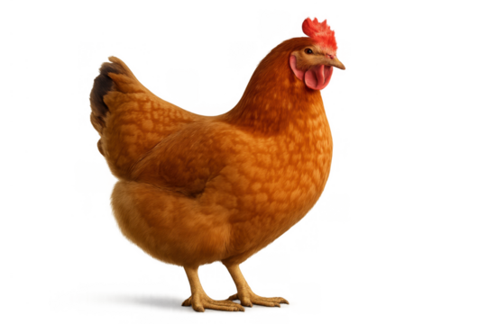 Brown hen standing side view, domestic farm animal poultry on transparent background, agriculture and food production concept