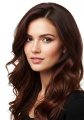 Naklejka premium Captivating portrait of an elegant young woman with lustrous long brown hair, exuding natural beauty and serene confidence, against a clean white background