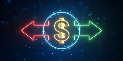 Digital money transfer concept with dollar sign and arrows in neon style on blue background. transfer.