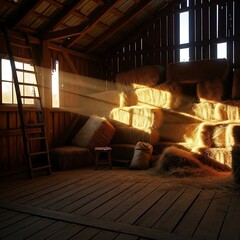 Warm Barn Interior with Hay Bales A Serene Fall Background Scene