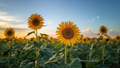 Obraz premium Sunflowers in a field at dusk, seasonal change