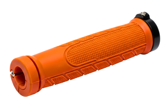 Orange rubber bicycle handlebar grip with a textured pattern isolated on transparent background