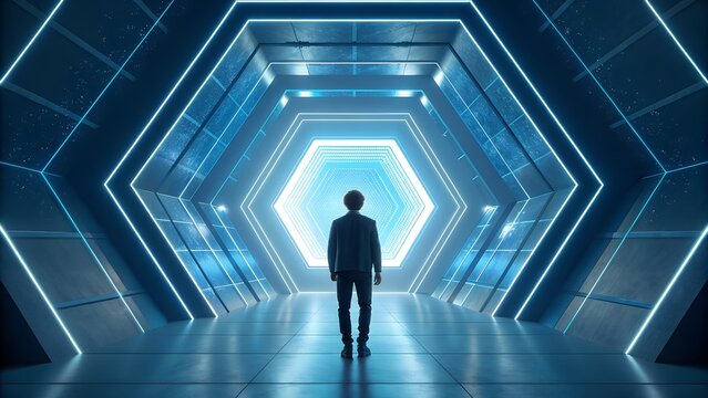 Man gazes into futuristic glowing portal, symbolizing innovation and new possibilities.