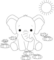Cute baby elephant line art, autumn pumpkins and fall foliage