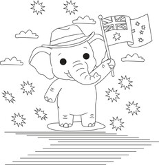 Naklejka premium Smiling elephant in hat holds australian flag, patriotic coloring