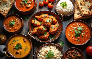 Overhead view of various Indian food dishes on dark wood table. Bowls of spicy curries, fragrant white rice, golden fried chicken, warm flatbread served. Fresh tomatoes, herbs garnish delicious meal