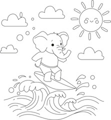 Elephant cartoon surfs big ocean waves with a happy smiling sun