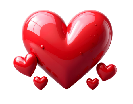 3d red heart icon with three smaller hearts isolated on a transparent background.