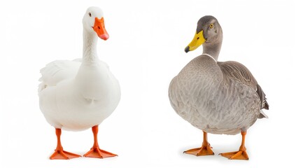 Obraz premium Domestic goose and duck on a white background, ideal for educational purposes