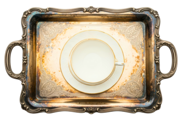 Top view of an empty teacup on an ornate vintage silver tray isolated on transparent background