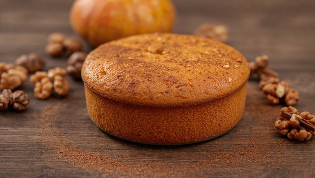 Orange pumpkin cake styled as bread with cinnamon, spices, and walnuts, protein-rich meal