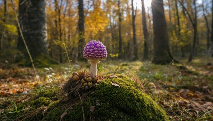 Natural mushroom wearing a purple cap amidst an autumn forest, seasonal change