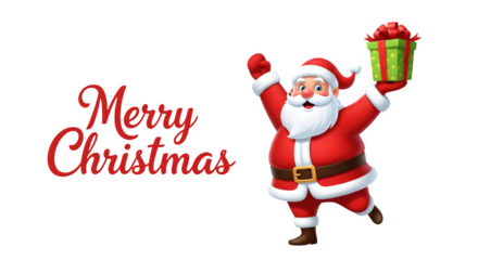 Joyful santa claus holding a gift with arms raised in celebration and merry christmas text