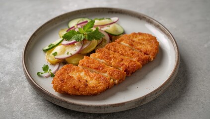 Traditional deep-fried schnitzel served with potato and cucumber salad on a rustic plate, calorie-dense meal