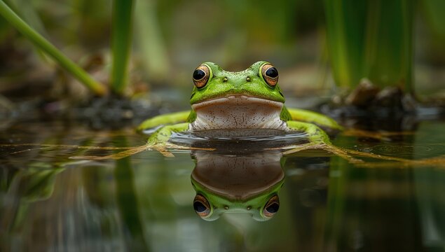 Green frog resting on the water's surface, highlighting aquatic habitat