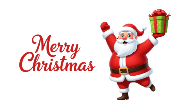 Joyful santa claus holding a gift with arms raised in celebration and merry christmas text - Powered by Adobe
