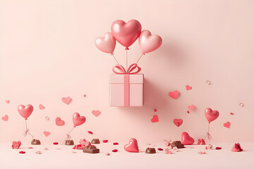 romantic velentine's day gift box with heart balloons on pink background