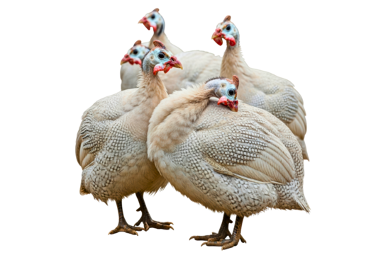 Small flock of domestic white helmeted guineafowl farm birds isolated on transparent background