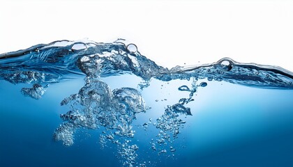 Blue Water Surface With Splash And Air Bubbles On White Backgtround