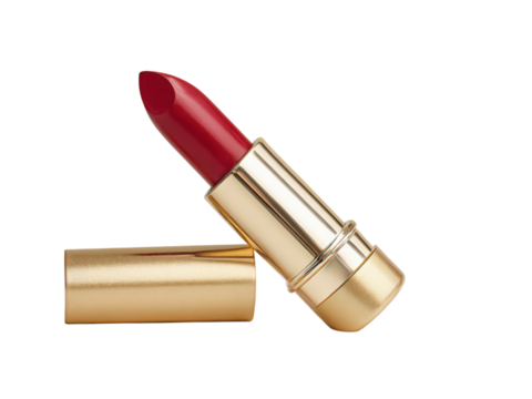 A red lipstick with gold trim is shown on a white background