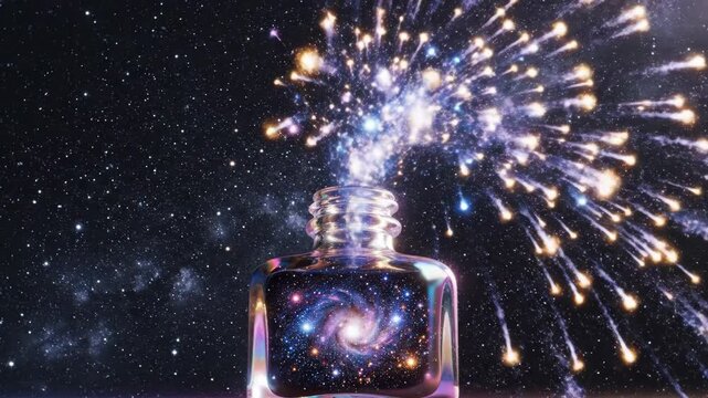 Cosmic essence sparkling bottle against stellar galaxy background