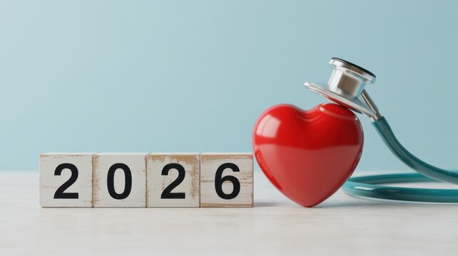 Red heart symbol with stethoscope and wooden blocks displaying the year 2026