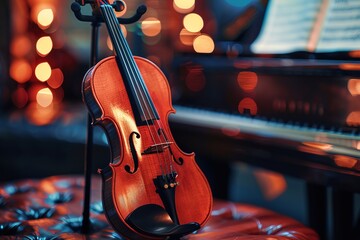 beautifully crafted violin stands on a black stand near a grand piano, illuminated by soft, warm lights creating a cozy atmosphere for music lovers during an evening gathering