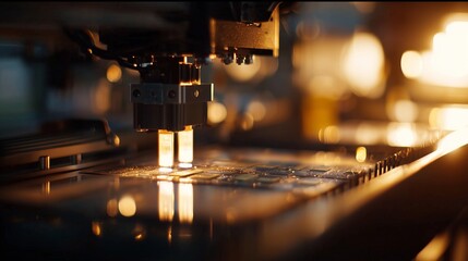 In a high-tech environment, a machine meticulously assembles circuit boards using automated technology and precision tools. The machine operates efficiently, ensuring that every co