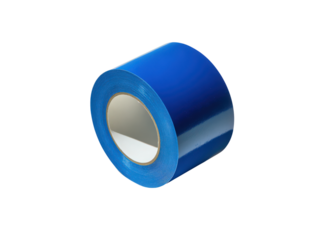 A blue roll of tape is sitting on a white background