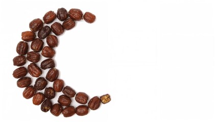 Muslim Crescent shape created with dates and fruits, ideal for iftar, seasonal observance Ramadan.