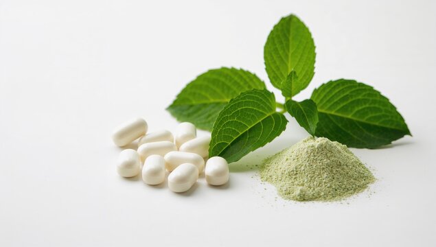 Pills, powder, and leaves from the stevia plant, a low-calorie sweetener choice