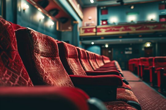 Rows of red velvet seats fill a dark theater, inviting moviegoers to enjoy an upcoming film. Soft lighting adds to the calm mood of the space in the evening hours