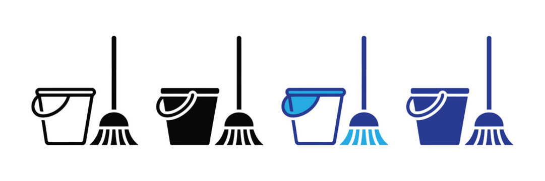Set of cleaning tools including buckets and brooms in different styles isolated on white background