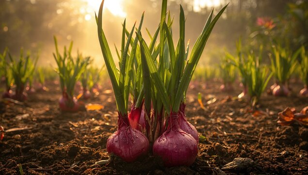 Vibrant red young onions flourishing in a lush tropical environment, fiber-dense choice