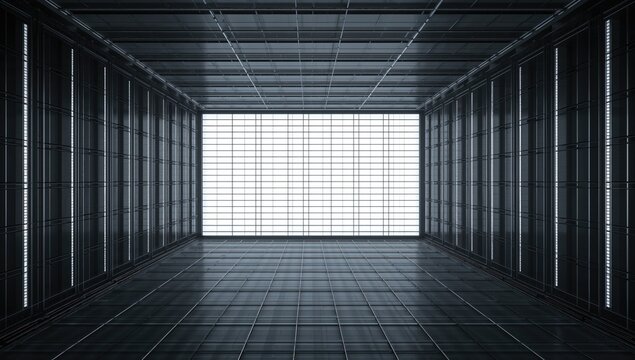 Futuristic grey-black digital space featuring a blank surface and white grid backdrop, suitable for UI design or editorial header background - Powered by Adobe