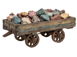 A wooden wagon filled with rocks of various colors