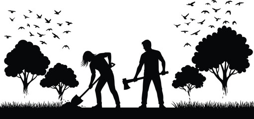 Outdoor labor, silhouette workers, shovel action, axe work, forest scene, nature effort, manual digging, environmental care, teamwork, tree planting